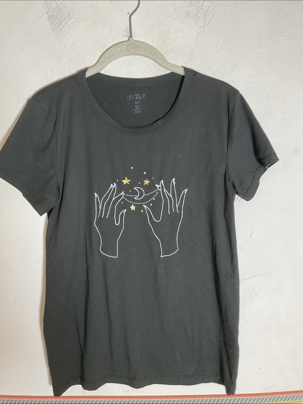 UK2LA Black Celestial Moon & Stars Embroidered Graphic Tee Size S/P Witchy